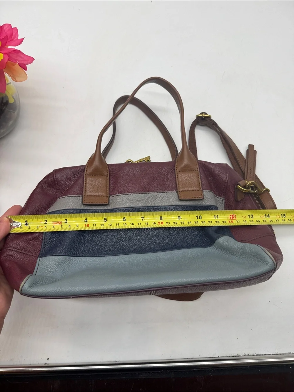 Fossil Leather Colorblock Satchel Bag in Burgundy, Navy & Gray
